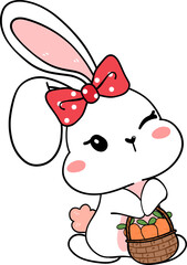 cute baby bunny rabbit Easter with egg and carrot, adorable cartoon hand drawing outline