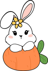 cute baby bunny rabbit Easter with egg and carrot, adorable cartoon hand drawing outline