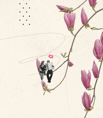 Contemporary art collage. Young people, man and woman, sitting on blooming tree and reading. Romantic date