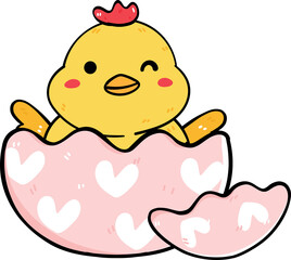 cute baby yellow chicken in cracked easter egg shell, animal doodle