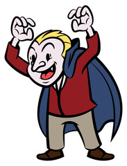 A Man wearing vampire costume and scaring kids in halloween party, best for sticker, logo, and mascot with halloween themes