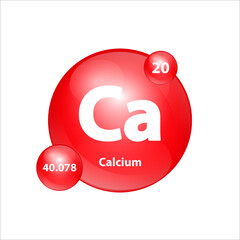 Calcium (Ca) icon structure chemical element round shape circle red easily.  Chemical element of periodic table Sign with atomic number. Study in science for education. 3D Illustration vector.