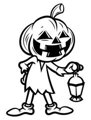 A Man wearing scary pumpkin head and carrying a lantern, best for mascot, logo, and coloring book with halloween themes for kids