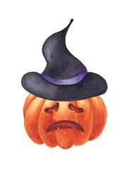 Watercolor illustration of halloween pumpkin in a hat isolated on white background