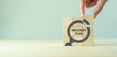 Recovery plan in recession. Strengthen business in economic downturn. Making customers priority, marketing strategies, managing staff, networking, develop innovative practices, seek assistance. - obrazy, fototapety, plakaty