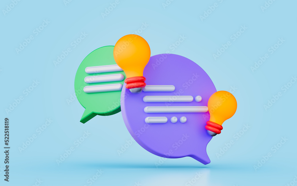 Wall mural message chat with lightbulb sign 3d render concept for invention idea communication