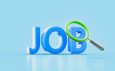 job text sign with magnify glass 3d render concept for finding work to create successful carrier