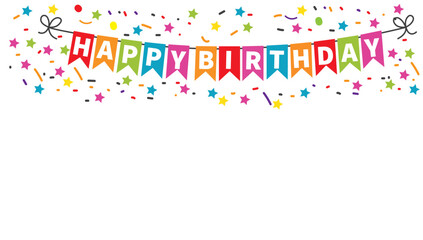 Happy birthday banner. Birthday party flags with confetti on white background, Happy Birthday Banner decoration.