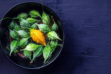 Top view of Small bitter melon also known as bitter gourd, cucumber, or Momordica charantia