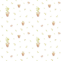 Seamless watercolor pattern with home plants in brown pots. Rosemary, Herbals, flowers, leaves and lush foliage.