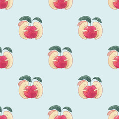 Worms on the red apple watercolor seamless pattern on blue background