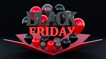 3d rendering. Black Friday, poster banner of open gift box with red and black balloons, text black friday on black background.