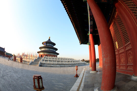 The temple of heaven in Beijing, China, The text is translated as "QiNianDian"