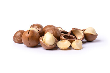 Macadamia nuts isolated on white background. 