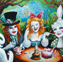 Alice in Wonderland motifs mad tea party. Lewis Carroll fairy tale with mad crazy characters. Digital oil painting art. Illustration for print on poster, card, canvas, cover. Surreal artwork