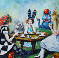 Alice in Wonderland motifs mad tea party. Lewis Carroll fairy tale with mad crazy characters. Digital oil painting art. Illustration for print on poster, card, canvas, cover. Surreal artwork