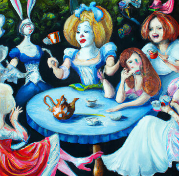 Alice in Wonderland motifs mad tea party. Lewis Carroll fairy tale with mad crazy characters. Digital oil painting art. Illustration for print on poster, card, canvas, cover. Surreal artwork