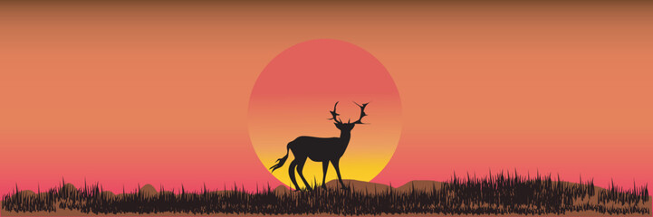 Fototapeta na wymiar Horizontal banner of landscape. Doe and fawn on magic misty meadow. Silhouettes of grass and animals. Pink and orange background, illustration. Bookmark. Kenya safari.