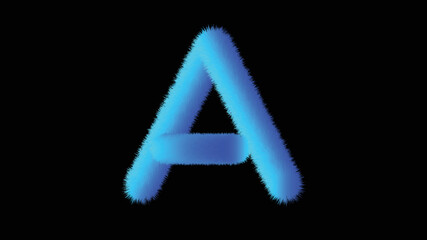 Letter A Fluffy fur texture effect.Alphabet A glow 3D effect vector illustration on black background