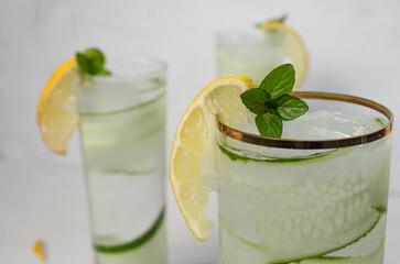 Gin Tonic with rosemary, cucumber and lemon. Cold summer drink. Beverages and drink concept.