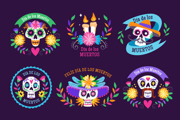 Mexican Dia de los Muertos label collection. 6 labels with traditional Mexican elements to celebrate the Day of the Dead. Isolated elements. Set 1 of 3.