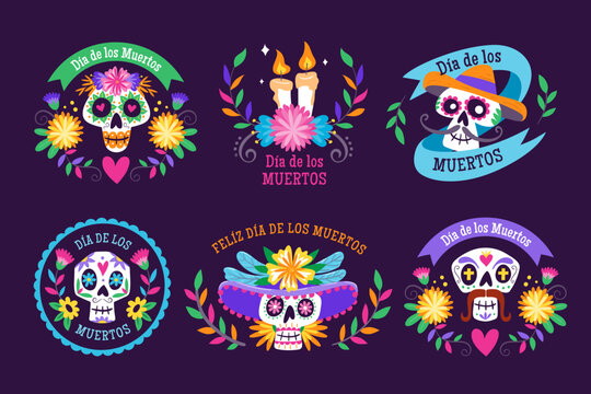 Mexican Dia de los Muertos label collection. 6 labels with traditional Mexican elements to celebrate the Day of the Dead. Isolated elements. Set 1 of 3.