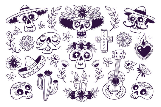 Mexican Dia de los Muertos doodle collection. Cute background with 20 cliparts to celebrate the Mexican Day of the Dead. Isolated elements, perfect for sticker designs, online posts, party events...
