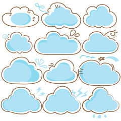 Cute line cartoon clouds on white background