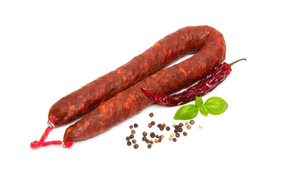 Spanish chorizo sausage on white background