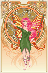 Fairy with pink hair and Floral frame