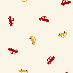 Seamless pattern with cute cars and yellow background. Childish vector illustration with hand drawn automobiles