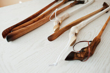Set of large wooden shoe spoon.