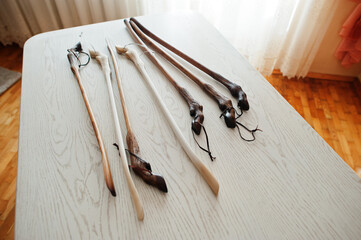 Set of large wooden shoe spoon.