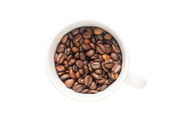 Isolated Coffee Beans in White Coffee Cup on White Background.