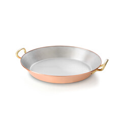 Copper coated wok with golden handles, isolated on white