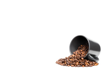 Coffee Beans in a Black Cup on White Background with Copyspace.