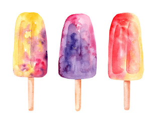 Collection of ice cream ice on a stick with fruits and waffle on a white background. illustration in vintage watercolor style.