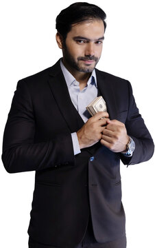 Isolated Businessman Putting US Dollars Money in His Suit Pocket on Transparent Background