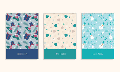 Cover page notebook collection. Templates with christmas patterns in cartoon style. Perfect for diary, books, magazines, journals, catalogs, planners and flyers. Vector layouts.