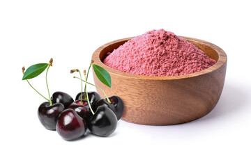 Red cherry berry fruit and pink protein powder in wooden bowl isolated on white background.