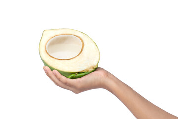 Hand holding fresh young green coconut with coconut water isolated on white background.