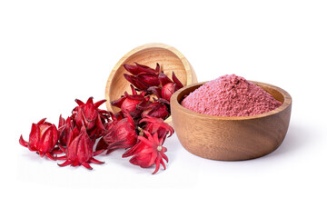 Rozelle powder in wooden bowl with fresh hibiscus flower isolated on white background. © NIKCOA
