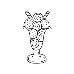 Ice cream balls in a glass bowl with sprinkles and sweet rolls. Black and white vector isolated doodle illustration. Delicious summer dessert. Hand drawn contour