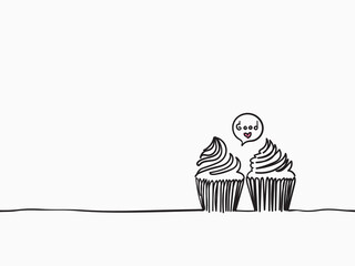 simple black and white childish continuous hand drawn line art cute cupcake for happy occasion like birthday, party, anniversary for wallpaper, background, label, banner, wrapping etc. vector design.