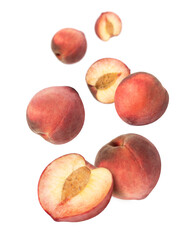 Peach fruit with half slice flying in the air isolated on white background. 