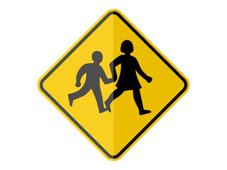 isolated silhouette boy and girl, children crossing road sign symbol on round diamond square board for information, notification, alert post, road or street board etc. flat paperwork vector design.