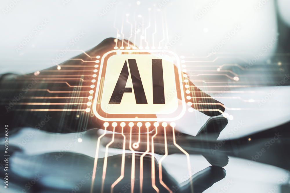 Aufkleber creative artificial intelligence symbol concept with finger clicks on a digital tablet on background