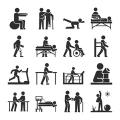 Rehabilitation, physiotherapy, people icons set. Restoring the body after an injury. People do exercises and physical therapy procedures. Treatment at the clinic. Vector black and white icon