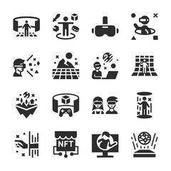 Virtual reality icons set. Digital space. Immersion in virtual space, web 3.0, technology in the virtual world. Digital communication, games and interaction. Monochrome black and white icon collection