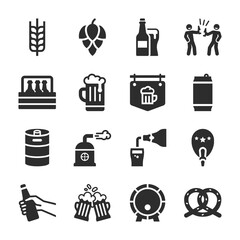 Beer icons set. The production and consumption of beer. Brewing. Pour and drinking. Monochrome black and white icon. isolated symbols